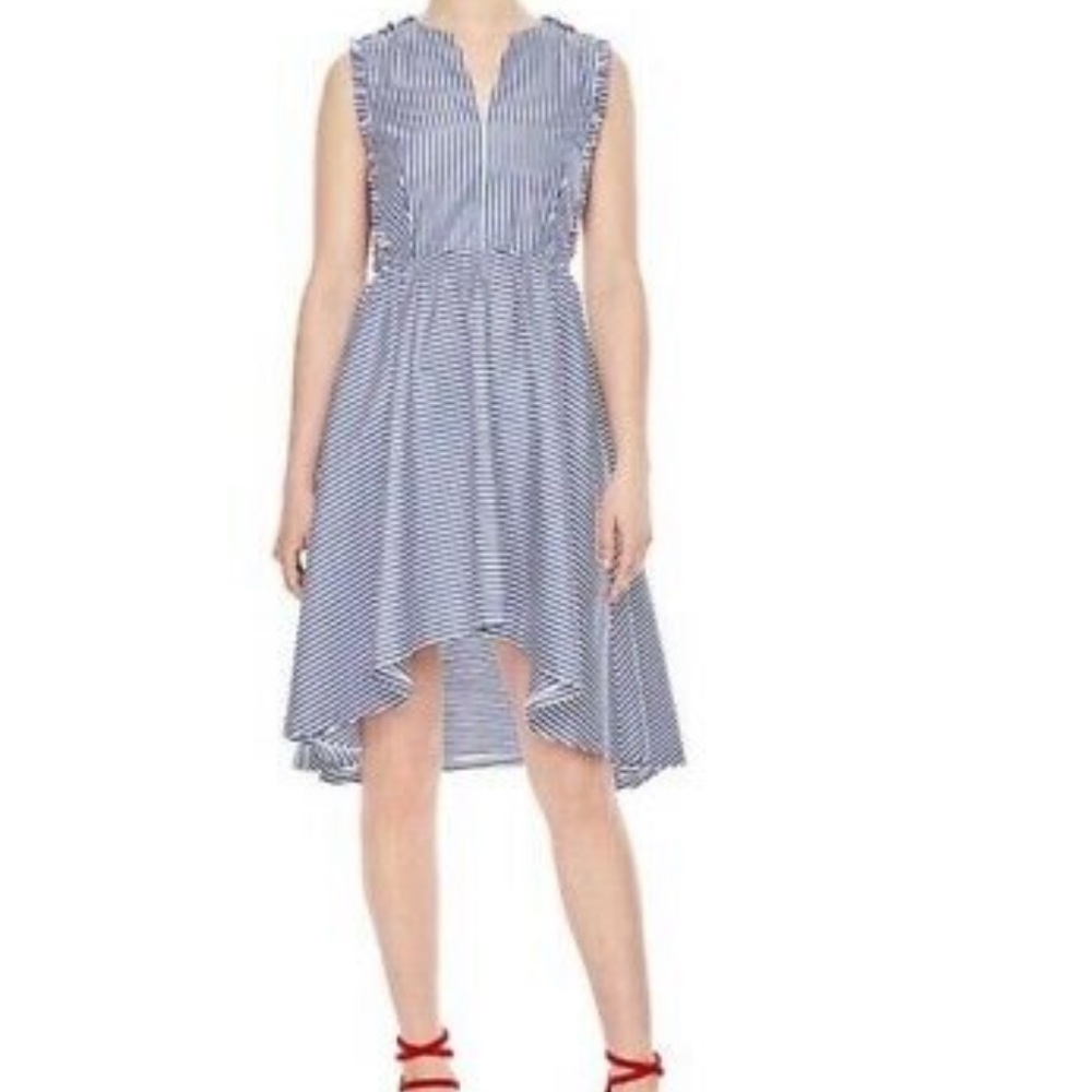 Sandro sleeveless striped lace detail high low dress ruffle trim V neck blue